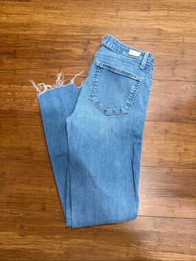 PAIGE Straight-Leg Jeans in Light Blue with Frayed Hem